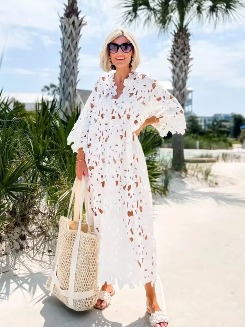 Seductive Elegance: Sexy Lace Hollow Out V-Neck Beach Dress