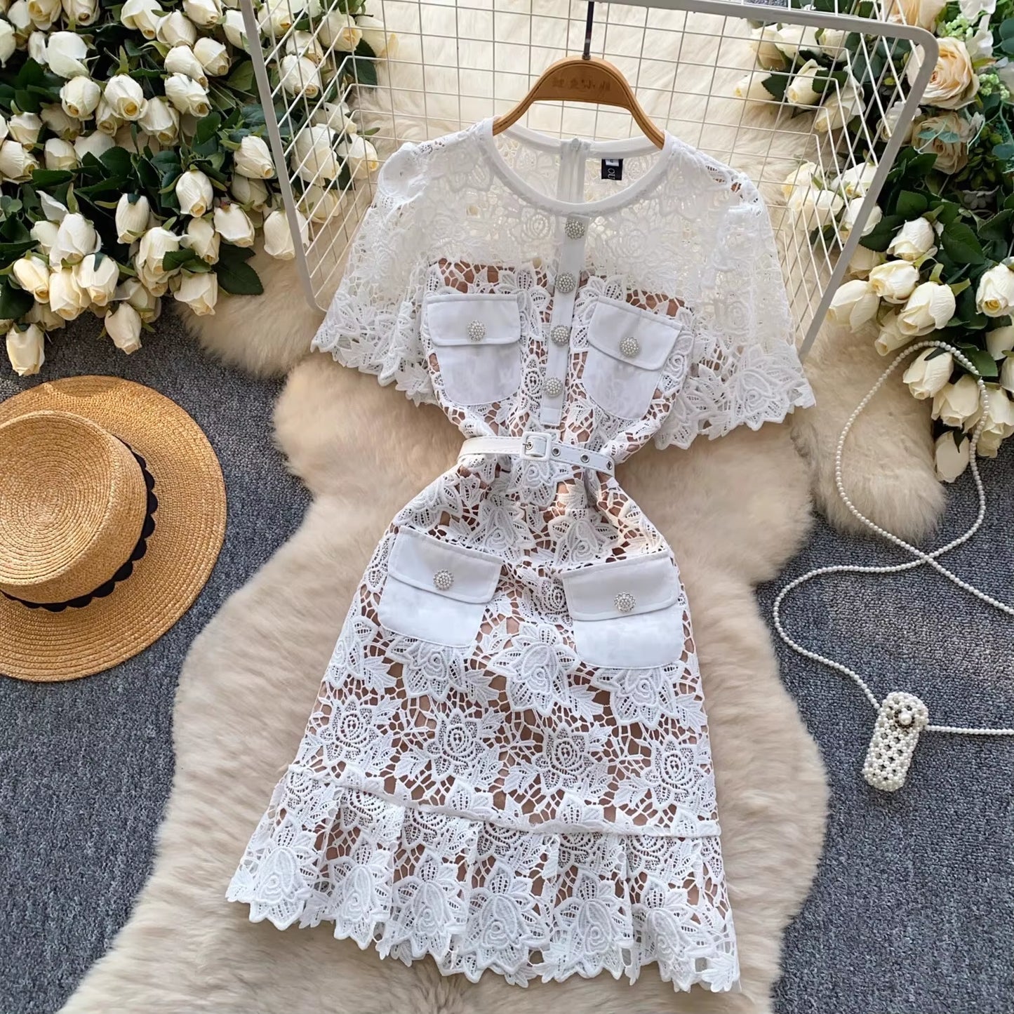 Elegant Summer Lace Dress for Women with Floral Embroidery, Diamond Buttons, Belted Waist, and Ruffle