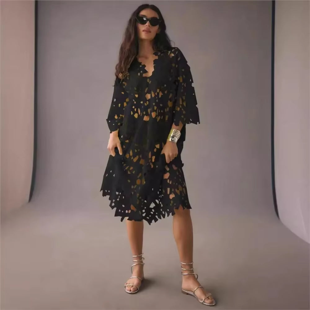 Seductive Elegance: Sexy Lace Hollow Out V-Neck Beach Dress