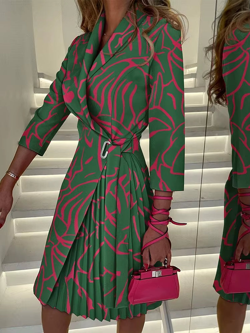 Velvet Dusk: Autumn V-Neck Cinched Waist Printed Dress